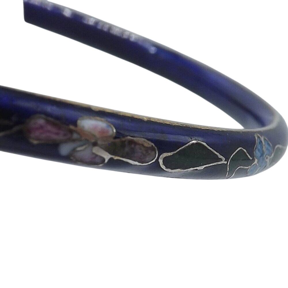 Vintage Cloisonne Floral Bangle Bracelet, Dark Blue Enamel, 7 3/4 Inch, 1960s